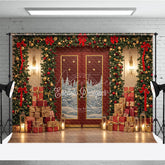 Aperturee - Aperturee Elegant Red Christmas Door Photography Backdrop Snowy Scene with Garland and Trees Holiday Mini Session Background